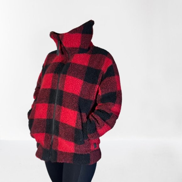 Roots Jackets & Coats Roots Park Plaid Sherpa Jacket Black Red M